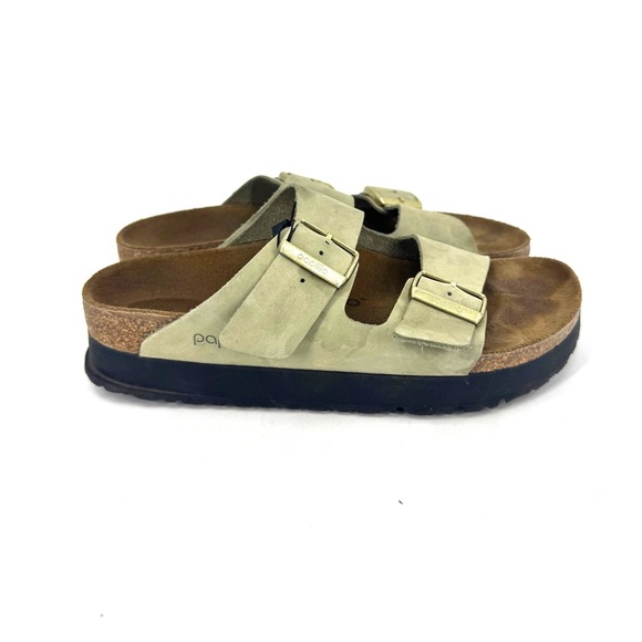 Papillio by Birkenstock Arizona Platform Sandals Sage Green Gold Buckle 39 - Picture 2 of 5